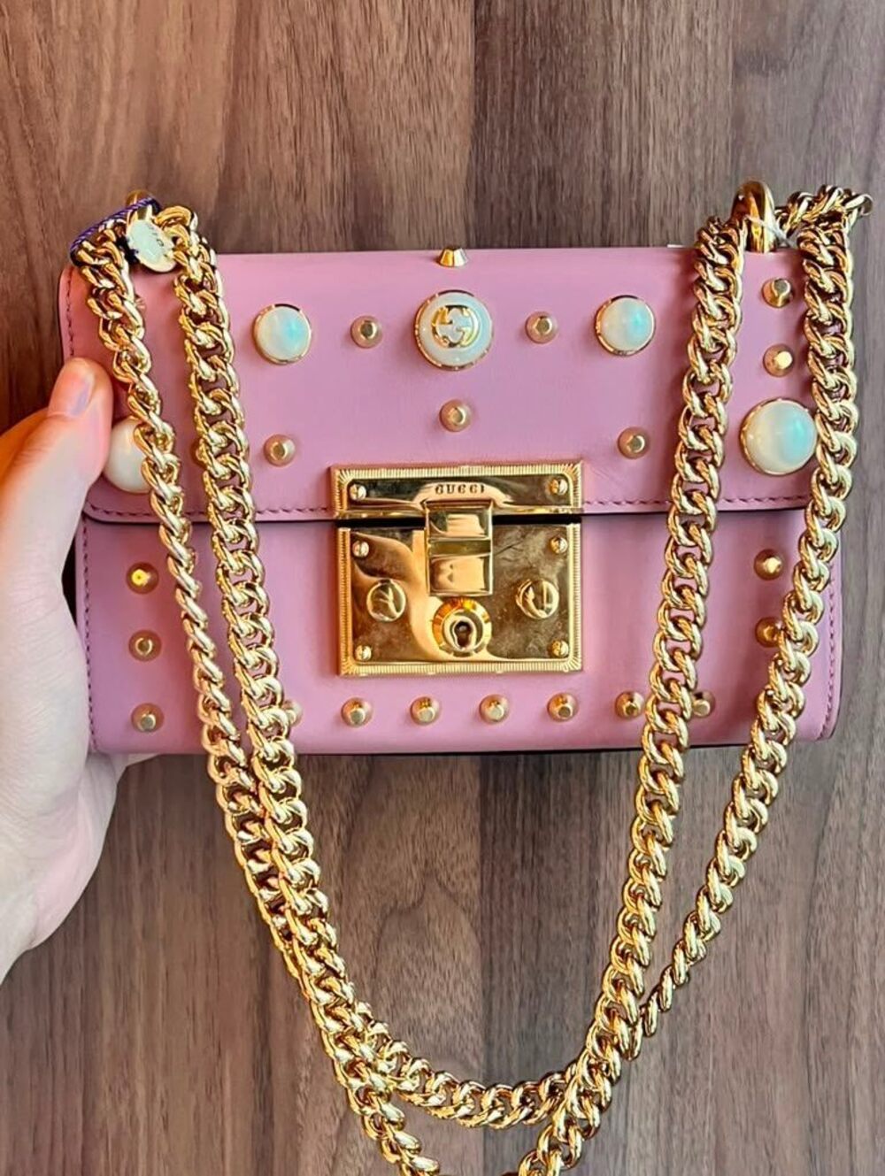 Gucci Padlock Pink Leather Studded Pearl Chain Shoulder Bag